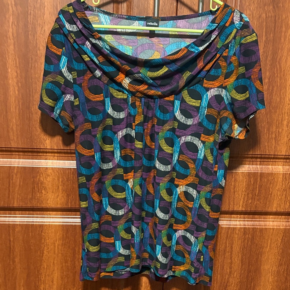 Rafaella Multicolor Ring-Print Cowl Neck Short Sleeve Top